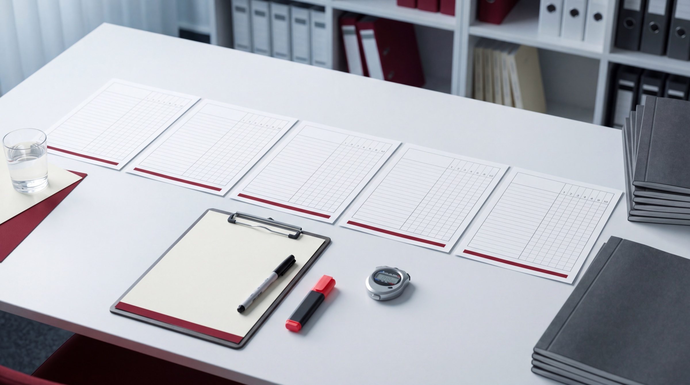 Test-Setup mit fünf Scorecards, Klemmbrett, Marker und Stoppuhr